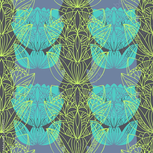 Vector seamless pattern colorful design of quadratic flowers doodles in lines
