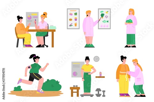Nutritionist set - cartoon nutrition doctor teaching about food, making diet and exercise plan for client. Isolated vector illustration on white background.
