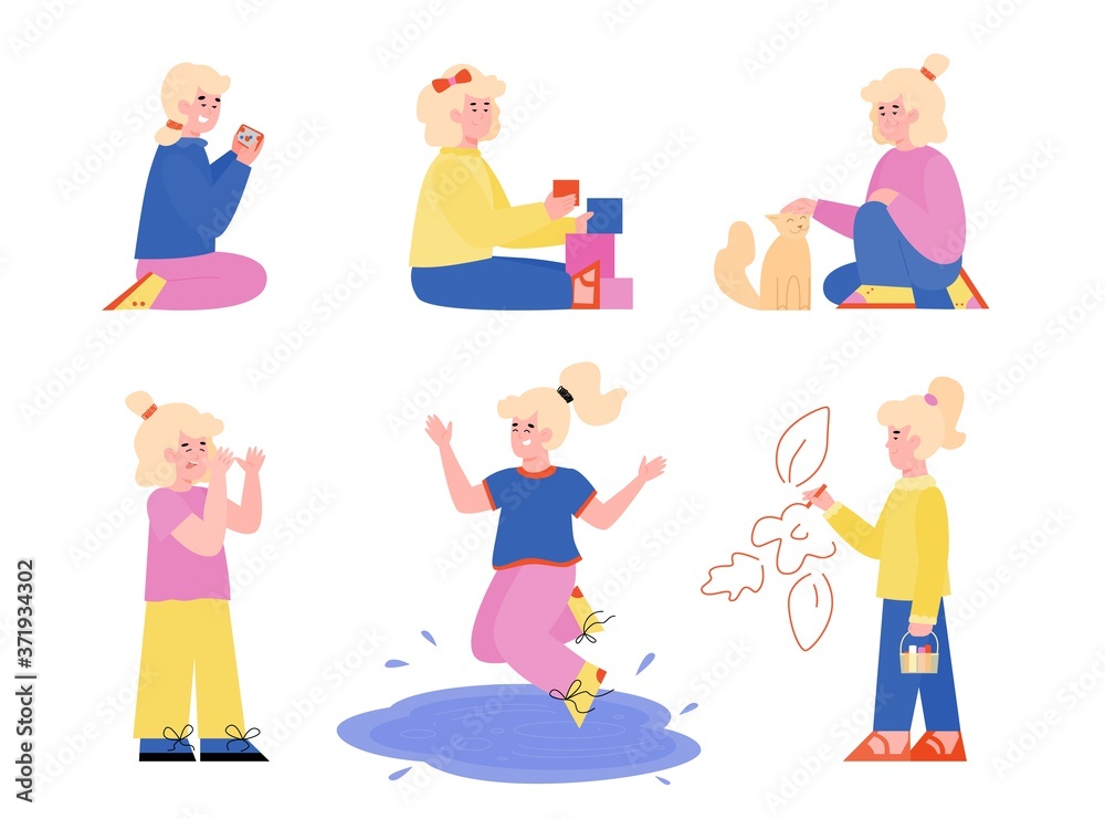 Set of cartoon little girl characters demonstrating bad and good behavior, flat vector illustration isolated on white background. Parenting and behavior correction.