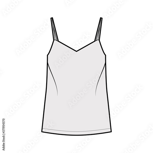 Camisole technical fashion illustration with flattering V-neck, straps, relaxed fit, tunic length. Flat outwear tank apparel template front, grey color. Women, men unisex shirt top CAD mockup