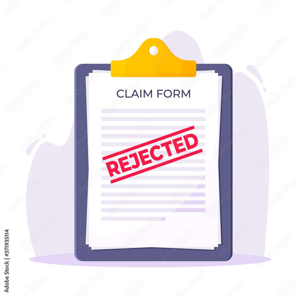 Clipboard with rejected claim or credit loan form on it, paper sheets and rejected stamp flat style design vector illustration. Concept of denying document, cv resume, insurance application form.
