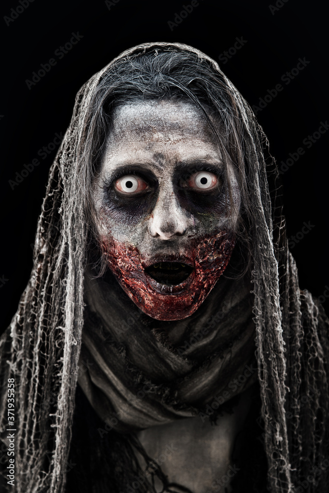 Creepy dead horror ghost costume, woman with bloody mouth and white eyes Creepy dead horror ghost costume, woman with bloody mouth and white eyes