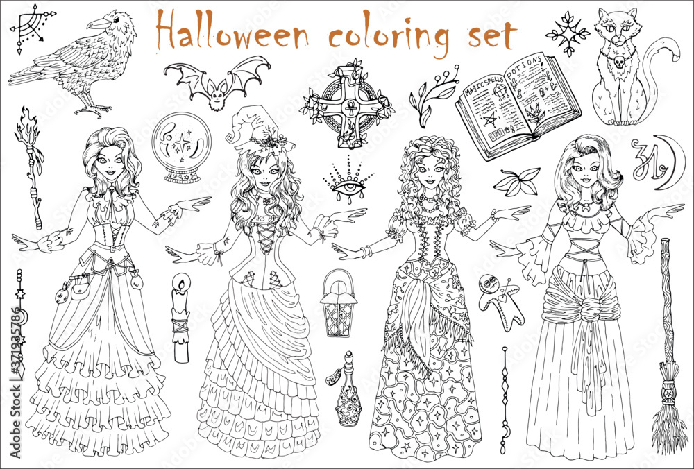 Halloween coloring set with beautiful witch girls in gipsy, medieval and steampunk costumes, scary witchcraft objects. Halloween coloring set with beautiful witch girls in gipsy, medieval and steampunk costumes, scary witchcraft objects.