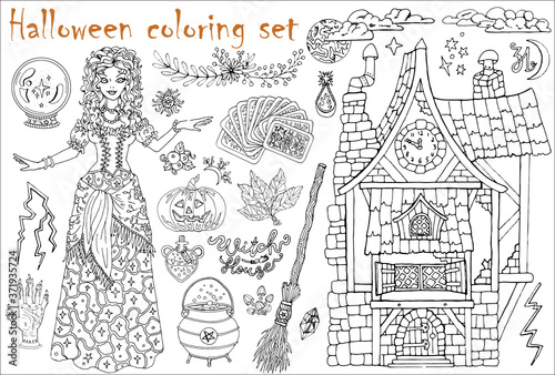 Halloween coloring set with beautiful witch girl whearing medieval gipsy costume, tarot cards, pumpkin, broom.
