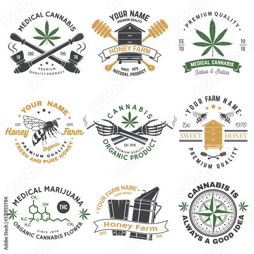 Set of Honey bee farm and medical cannabis shop badge. Vector. Concept for shirt, print, stamp or tee. Design for honey bee farm, weed shop, marijuana delivery