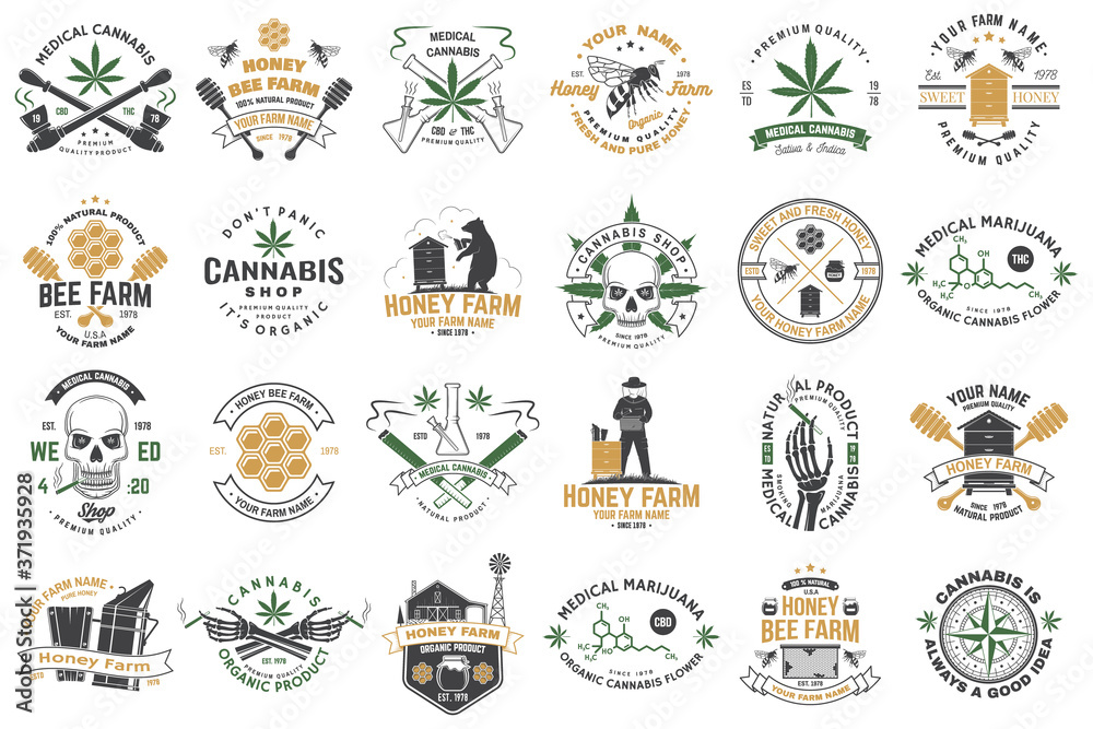 Set of Honey bee farm and medical cannabis shop badge. Vector. Concept for shirt, print, stamp or tee. Design for honey bee farm, weed shop, marijuana delivery Set of Honey bee farm and medical cannabis shop badge. Vector. Concept for shirt, print, stamp or tee. Design for honey bee farm, weed shop, marijuana delivery
