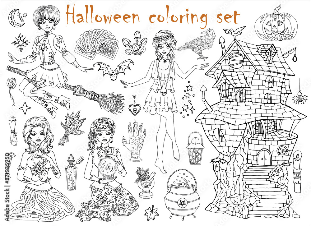 Fototapeta premium Halloween coloring set with beautiful witch girls in gipsy and gothic costumes, scary house and objects.