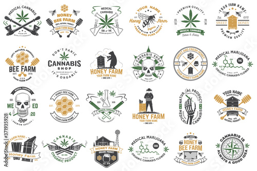 Set of Honey bee farm and medical cannabis shop badge. Vector. Concept for shirt, print, stamp or tee. Design for honey bee farm, weed shop, marijuana delivery