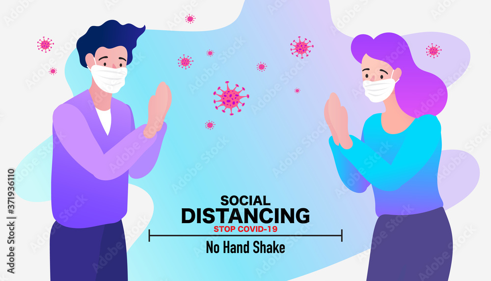 No hand shake. Namaste greeting to avoid covid-19 virus. Man and woman wearing medical mask and safe greeting concept vector illustration. No hand shake. Namaste greeting to avoid covid-19 virus. Man and woman wearing medical mask and safe greeting concept vector illustration.
