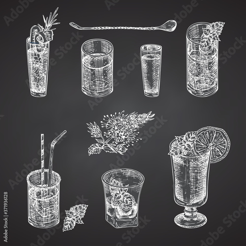 Set hand drawn sketch alcoholic drink glass Vodka, whiskey, wine Vintage design bar, restaurant, cafe menu Chalkboard background Creative template for flyer, banner, poster Engraving style vector art