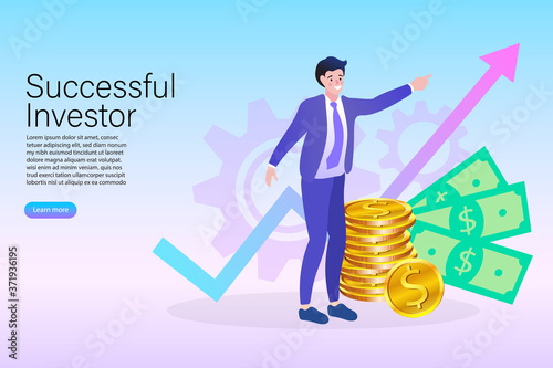 A concept of a successful investor and financial growth. A happy businessman with money and a rising arrow chart symbolizes profit, a successful stock market strategy, and wealth.