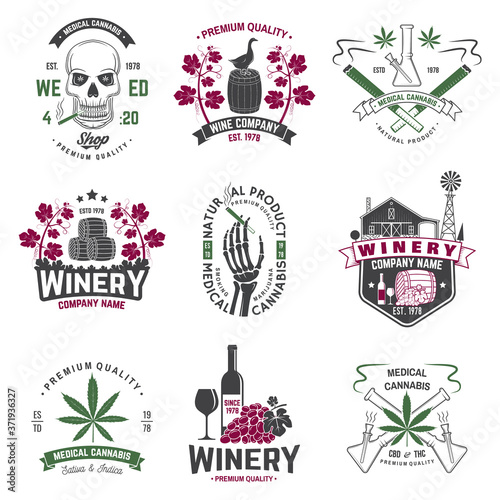 Set of wine company and medical cannabis shop badge. Vector. Concept for shirt, print, stamp or tee. Design for winery company, bar, pub, weed shop, marijuana delivery