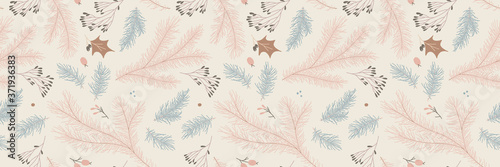 Natural festive seamless pattern for New Year banner background and holiday label design. Winter sale fair pattern. Xmas greeting card with pinecone decoration. Christmas tree illustrations.