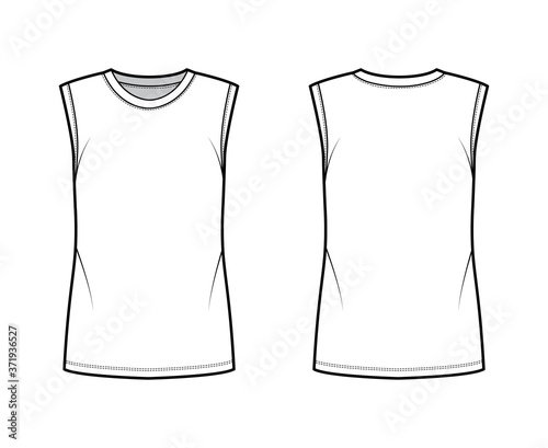 Cotton-jersey tank technical fashion illustration with crew neckline, oversized, cut armholes. Flat outwear basic shirt apparel template front, back, white color. Women, men unisex top CAD mockup