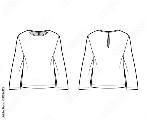 Classic blouse technical fashion illustration with long sleeves, round neck with back button-fastening keyhole, oversized. Flat apparel shirt template front, back white color. Women men unisex top CAD