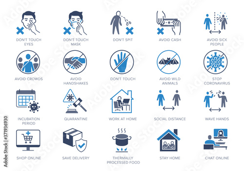 Coronavirus prevention flat icons. Vector illustration include icon - social distance, quarantine violation, incubation period, stay home blue silhouette pictogram for medical infographic