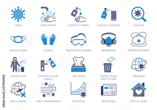 Coronavirus, virus prevention flat icons. Vector illustration include icon - wash hands disinfection, face mask, sanitizer gloves blue silhouette pictogram for infographic