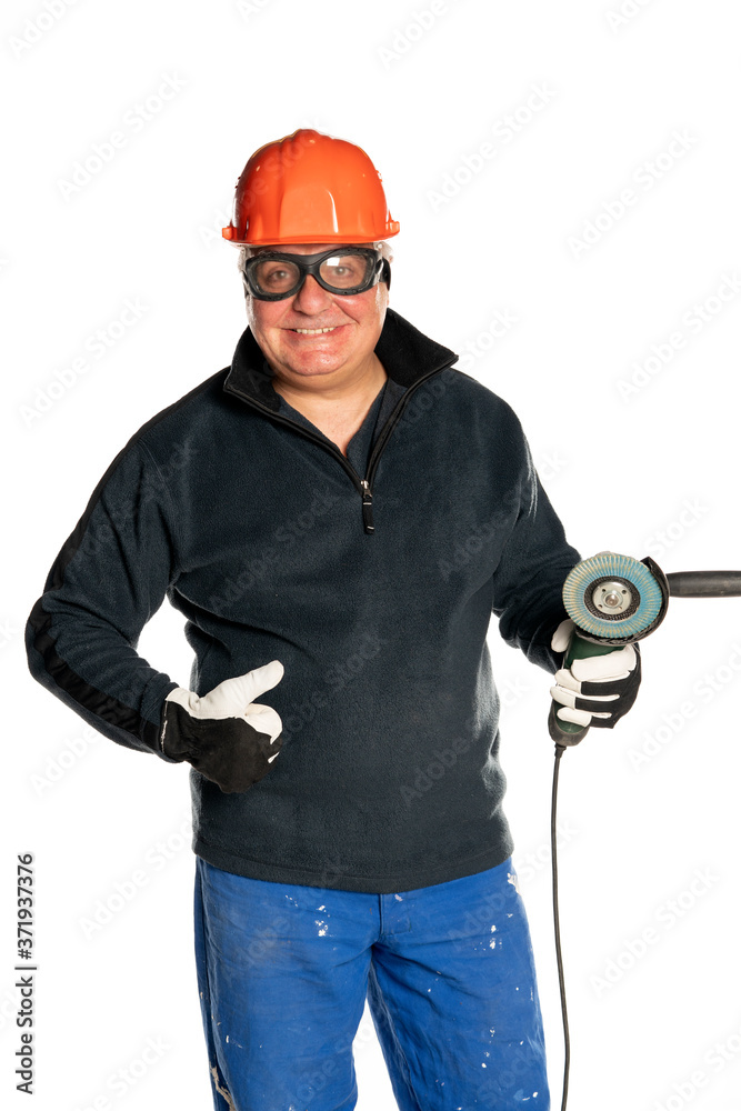 man with angle grinder and protective equipment showing thumbs up man with angle grinder and protective equipment showing thumbs up
