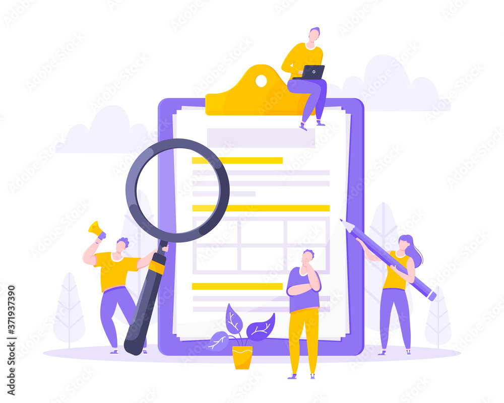 Syllabus task done concept tiny people with megaphone, magnifying glass and pencil nearby giant clipboard checklist and check mark ticks flat style design vector illustration isolated white background Syllabus task done concept tiny people with megaphone, magnifying glass and pencil nearby giant clipboard checklist and check mark ticks flat style design vector illustration isolated white background