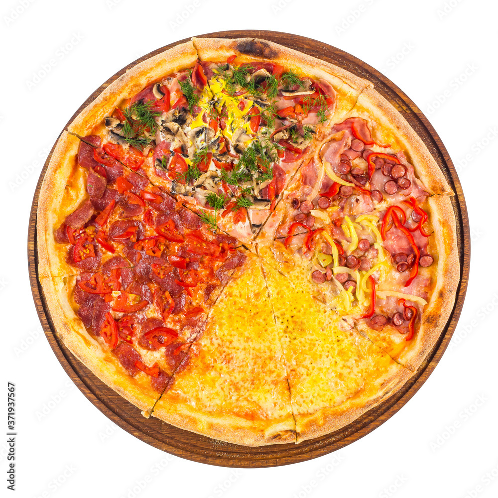 pizza with four different type of toppings. tasty quadruple italian family food on the round wooden board. isolated on the white background. top view