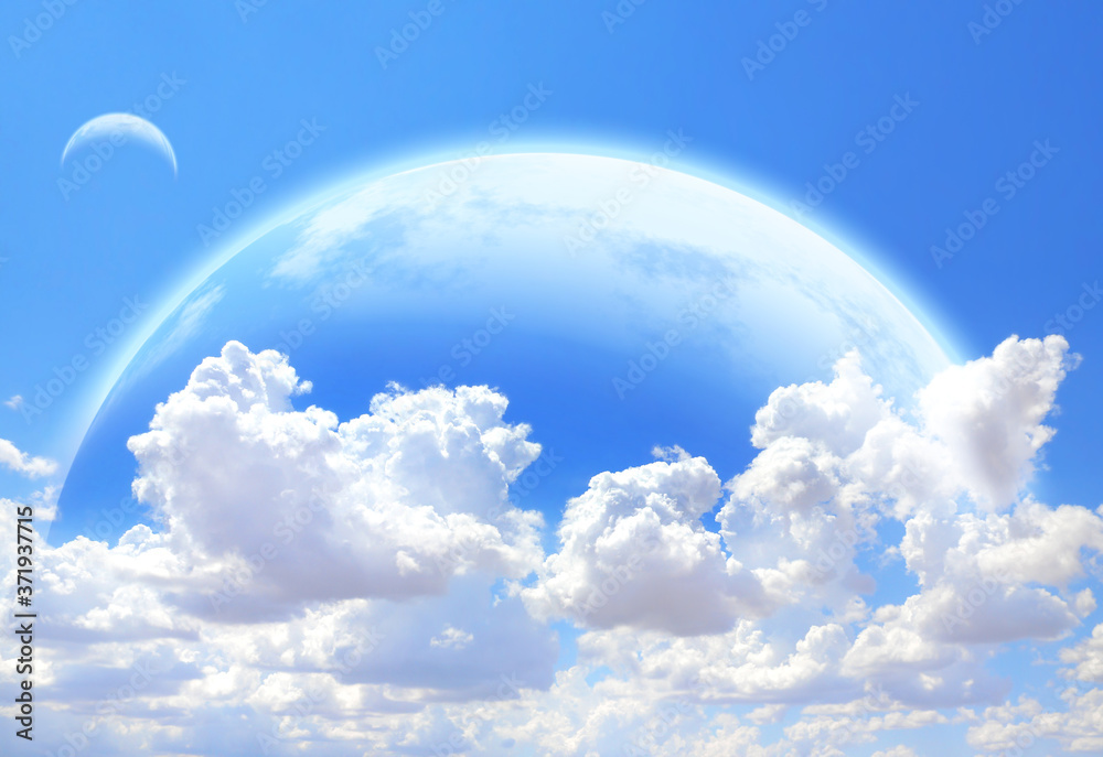 Fototapeta premium Fantastic sky with white clouds and three planets