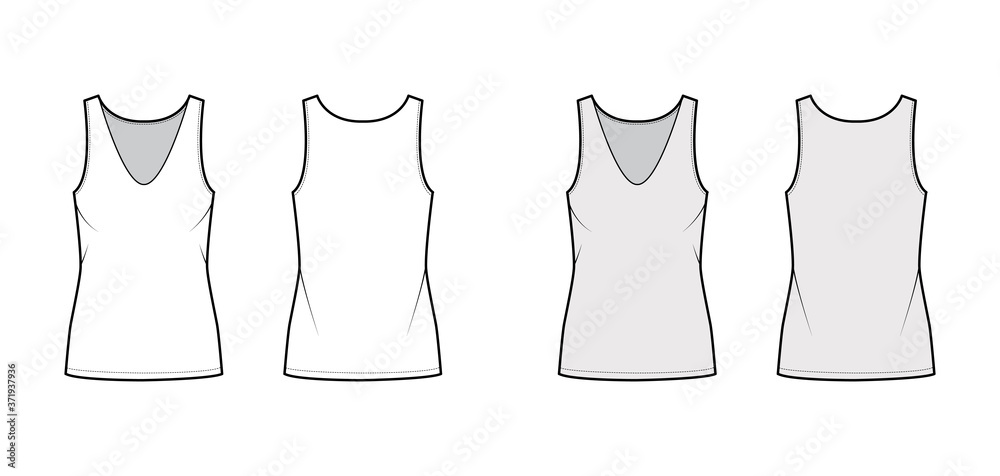 Cotton-jersey tank technical fashion illustration with relax fit, plunging V-neckline, sleeveless. Flat outwear camisole apparel template front, back white grey color. Women men unisex shirt top CAD Cotton-jersey tank technical fashion illustration with relax fit, plunging V-neckline, sleeveless. Flat outwear camisole apparel template front, back white grey color. Women men unisex shirt top CAD