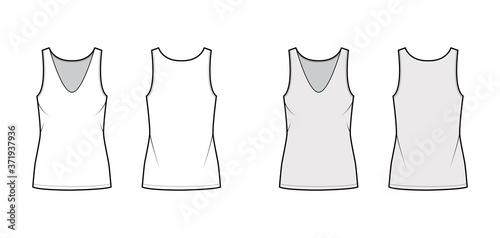Cotton-jersey tank technical fashion illustration with relax fit, plunging V-neckline, sleeveless. Flat outwear camisole apparel template front, back white grey color. Women men unisex shirt top CAD 