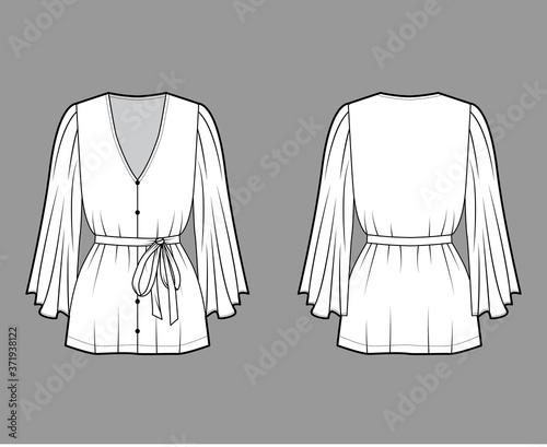 Blouse technical fashion illustration with long circle sleeves, plunging V-neckline, tie belt in at the waist. Flat apparel shirt template front, back, white color. Women men unisex top CAD mockup