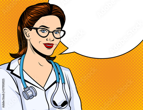 Color vector illustration in pop art style. Doctor woman smiling. A doctor in a white coat with a stethoscope around his neck. Doctor in uniform on a yellow halftone dot background