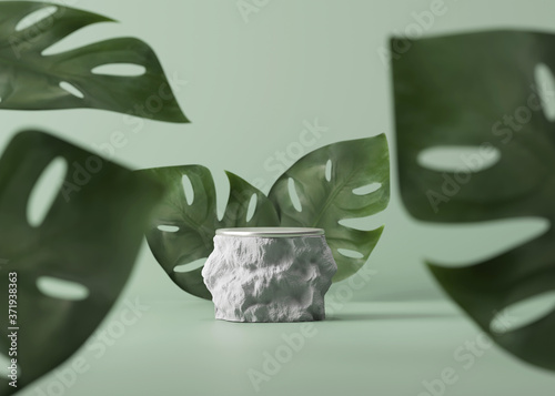 Fototapeta Naklejka Na Ścianę i Meble -  3D grey stone pedestal, display monstera palm leaves. White Rock podium for cosmetics on pastel green jungle exotic background.  Natural beauty abstract tropical leaf. 3D render illustration mockup 
