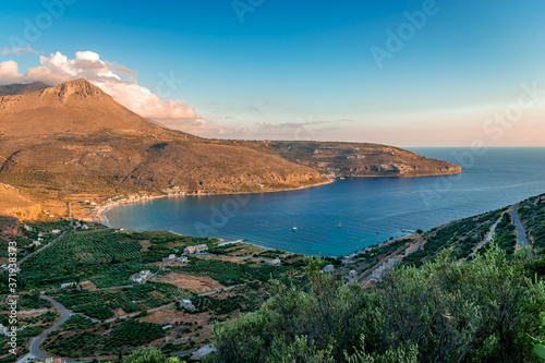 Fototapeta Naklejka Na Ścianę i Meble -  Maniot landscape: Gulf of Oitilo and Limeni bay, Limeni village, Neo Oitilo village and Karavostasi. Peloponnese, Greece.