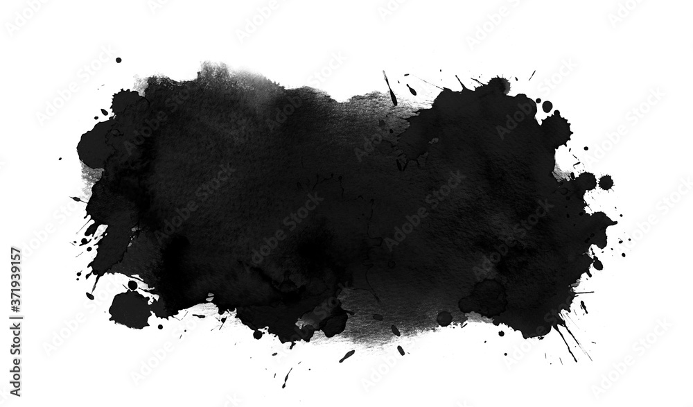 Black ink background with free brush strokes, drops, splash. Watercolor