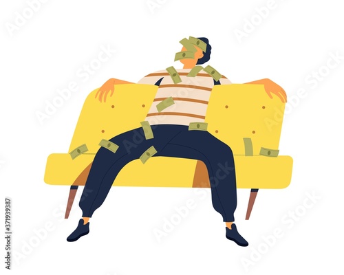 Relaxed rich guy sitting on couch with money covering face and body vector flat illustration. Male millionaire sleeping on sofa surrounded by cash banknotes isolated. Successful man enjoying wealth