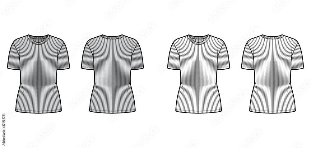 Ribbed crew neck knit t-shirt technical fashion illustration with short rib sleeves, oversized body. Flat outwear apparel template front, back, white, grey color. Women, men, unisex shirt top mockup Ribbed crew neck knit t-shirt technical fashion illustration with short rib sleeves, oversized body. Flat outwear apparel template front, back, white, grey color. Women, men, unisex shirt top mockup