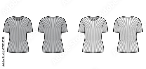 Ribbed crew neck knit t-shirt technical fashion illustration with short rib sleeves, oversized body. Flat outwear apparel template front, back, white, grey color. Women, men, unisex shirt top mockup