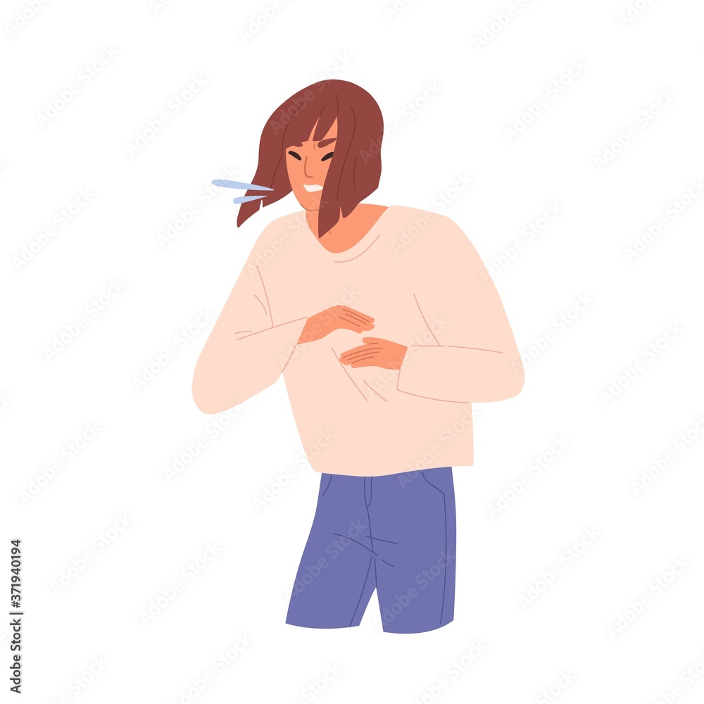 Sick woman sneezing or coughing vector flat illustration. Unhealthy girl with influenza or respiratory virus symptoms isolated on white. Unwell female with viral sickness, coronavirus or grippe Sick woman sneezing or coughing vector flat illustration. Unhealthy girl with influenza or respiratory virus symptoms isolated on white. Unwell female with viral sickness, coronavirus or grippe