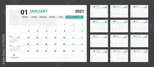 2021 calendar planner set for template corporate design week start on Monday.