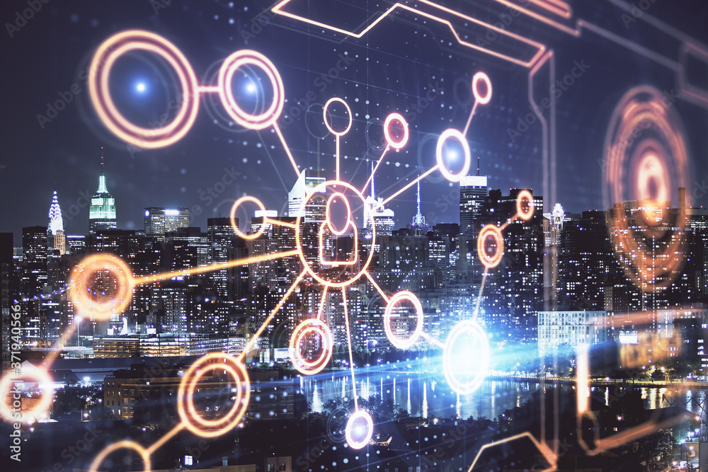 Multi exposure of social network theme drawing and cityscape background. Concept of people connecton. Multi exposure of social network theme drawing and cityscape background. Concept of people connecton.