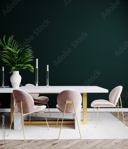Living room interior design scene with pink chair, table and empty green wall, room interior mock up, empty room interior background, green empty wall mockup, 3d render