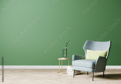Fototapeta Naklejka Na Ścianę i Meble -  Empty bright modern living room with blue armchair and coffee table with decoration on empty green wall background, living room interior background, 3d rendering