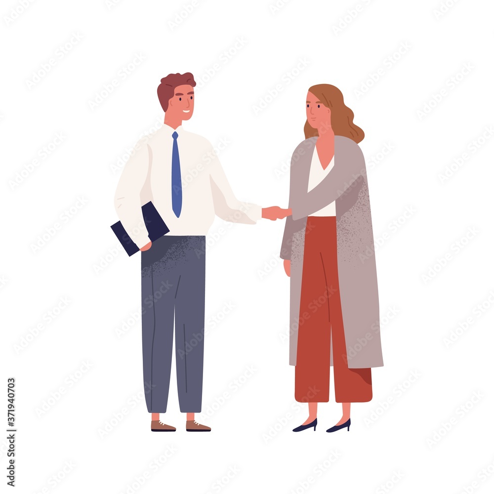 Businessman in office suit meeting businesswoman and shake hands. Scene of hiring for job, making agreement or successful partnership. Flat vector cartoon illustration isolated on white background