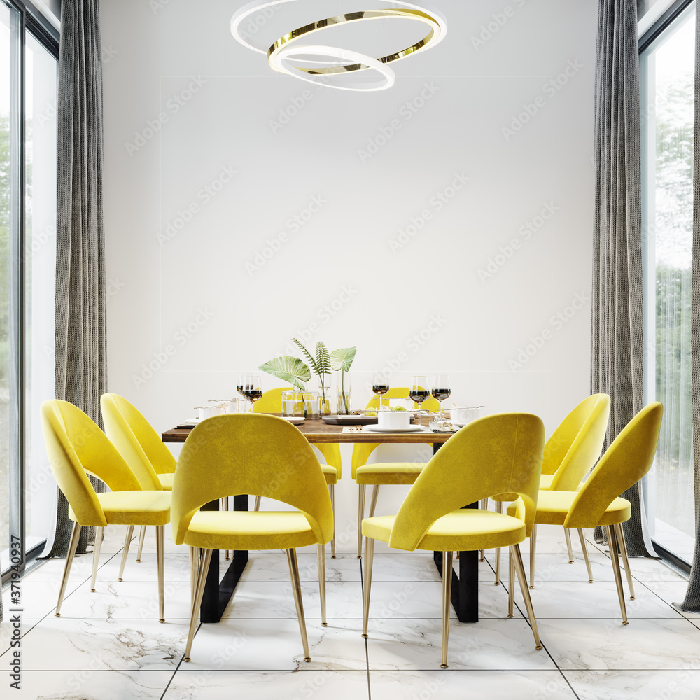 Luxury modern dinning room interior background for mockup with bright yellow chairs, table with dishes, panoramic windows and white empty wall on background, dinning room interior mockup, 3d rendering - obrazy, fototapety, plakaty 