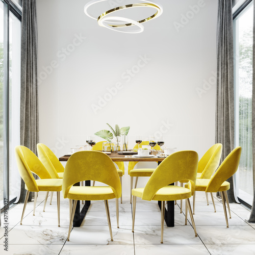 Tableau sur toile Luxury modern dinning room interior background for mockup with bright yellow cha