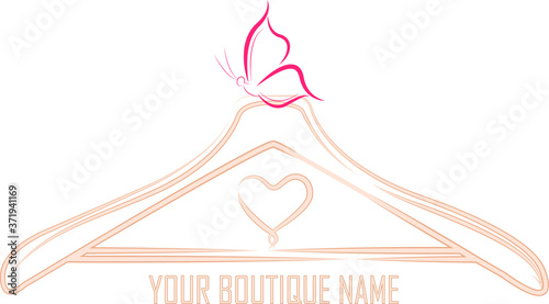 The symbol for boutique of a hanger-like look and with a butterfly ornament as well as a heart symbol, perfect for women's clothing stores due to the soft pink nuances of the logo