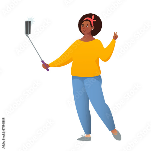 African american girl takes a selfie. Cool happy girl making selfie photo with Smartphone. Vector illustration. Cute cartoon girl taking selfie with her cell phone