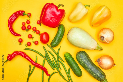 vegetables on yellow background, flatlay