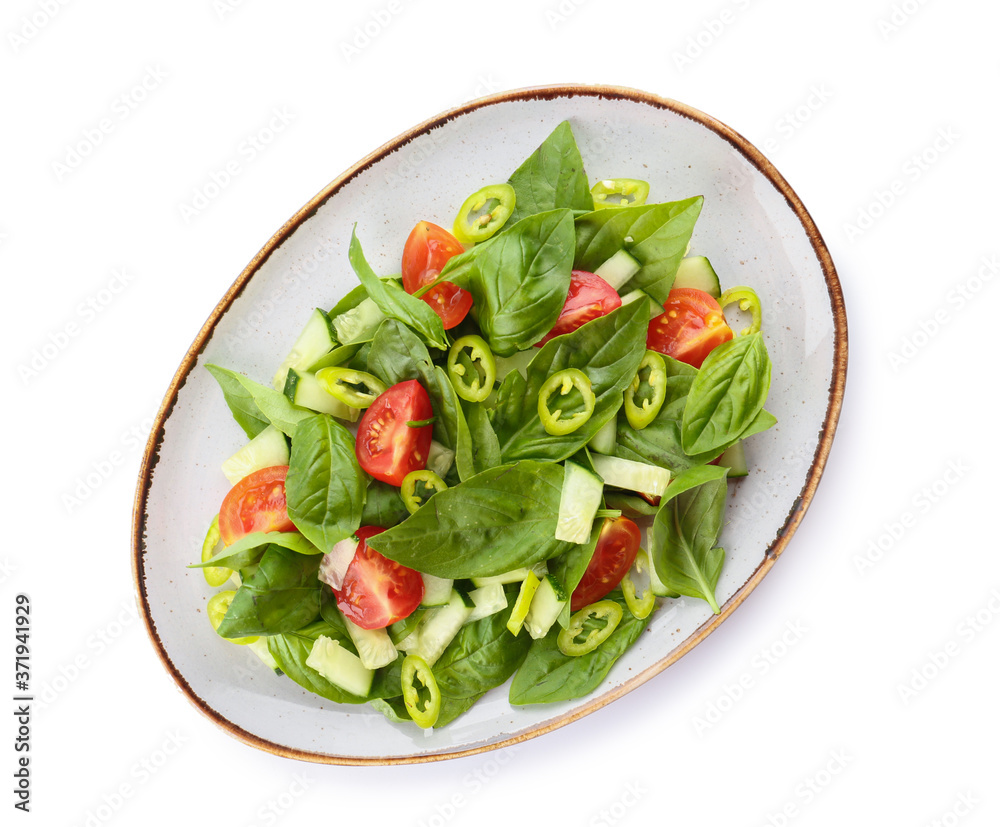Plate with tasty cucumber salad on white background Plate with tasty cucumber salad on white background