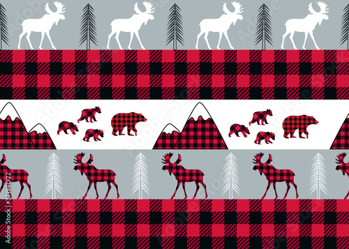 Buffalo plaid seamless pattern. She-bear with cubs, mountains, fir-trees and moose on a striped and checkered background. Forest vector illustration.