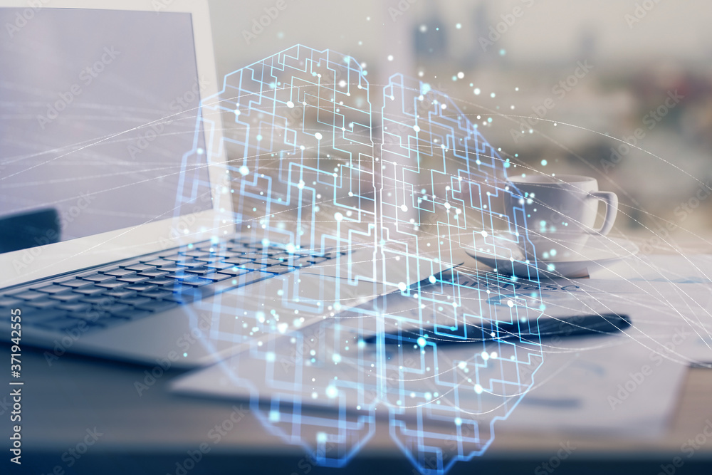 Double exposure of desktop with computer and brain drawing hologram. Artificial intelligence concept. Double exposure of desktop with computer and brain drawing hologram. Artificial intelligence concept.