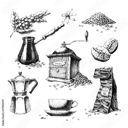 Hand-drawn black and white illustrations on the theme of coffee. Jpeg only.